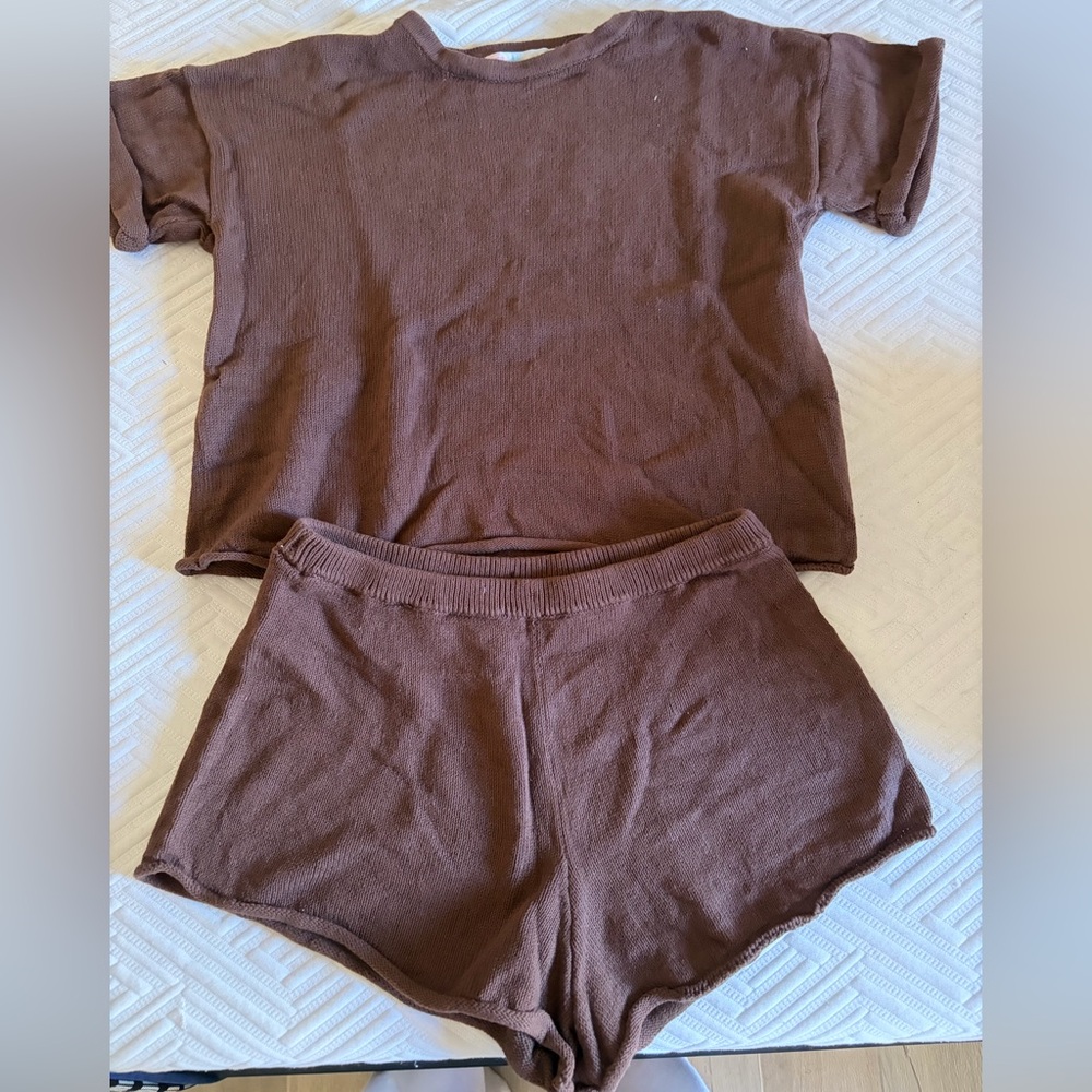 Free People Beach Macy sweater Brown Ribbed T-Shirt and Shorts Set